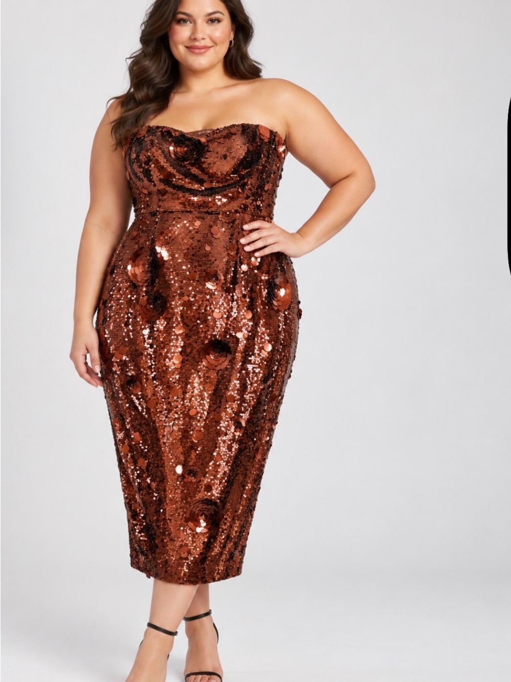 Dress the Population XXL Bronze Sequin 3D Floral Strapless Midi Dress (Flawed)